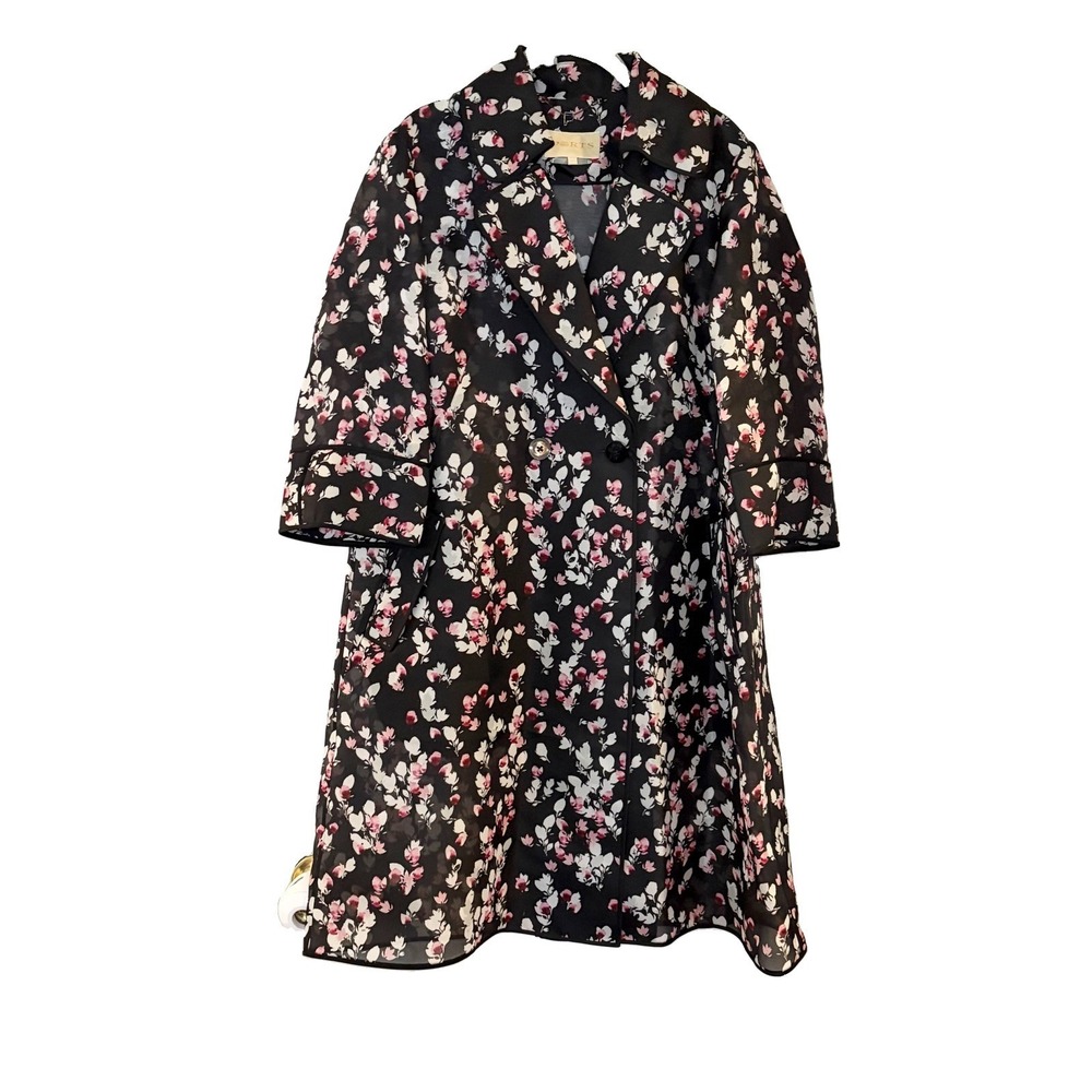 Ports 100% Silk Floral Jacket Dress Topper Black Double Breasted Notch Trench 6